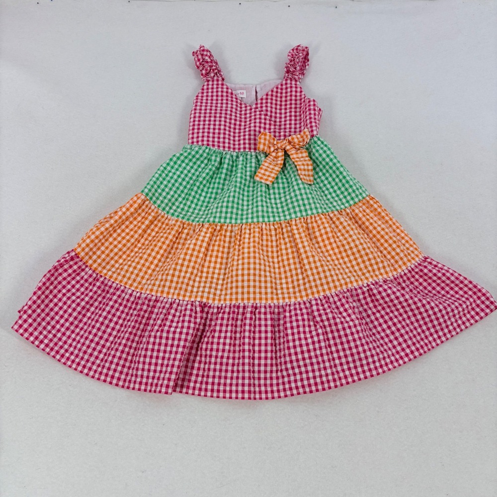 Bonnie Jean Gingham Tiered Dress Girls 6X‎ Multicolor Picnic Summer Rainbow Bow